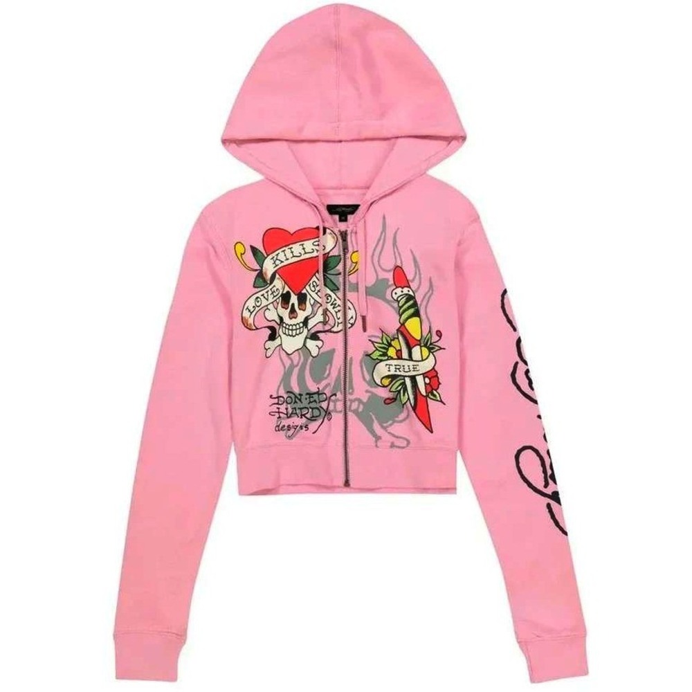 Ed Hardy Hoodie Womens Large Pink Love Kills Tiger Full Zip Cropped Sweatshirt